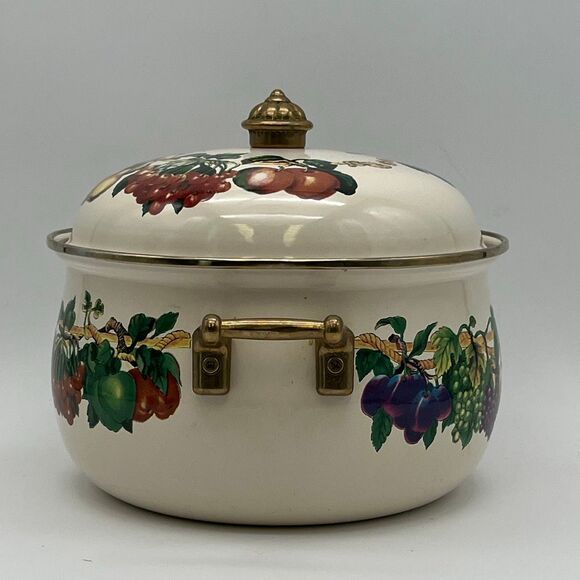 TABLETOPS UNLIMITED Pot and Lid Enamel Steel Heat Fruits Covered Serving Dish - Picture 7 of 14